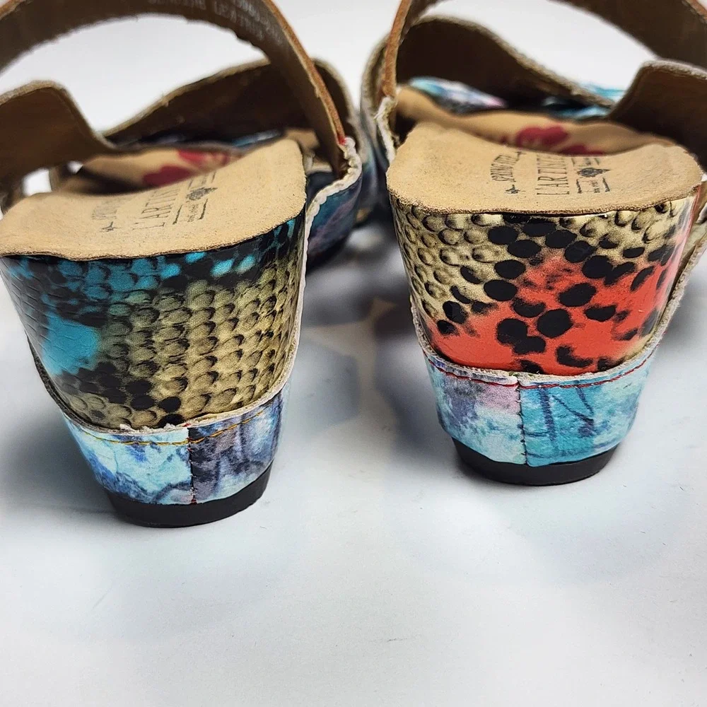 L'Artiste Spring Step Leather Wedge Sandals Women US 6.5 37 Floral Animal Casual